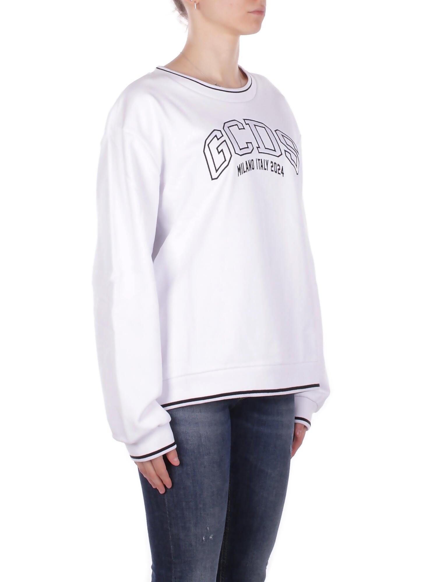 Image of GCDS Donna Maglia C1WEQE123F004 100B Logo louge crop crew White black