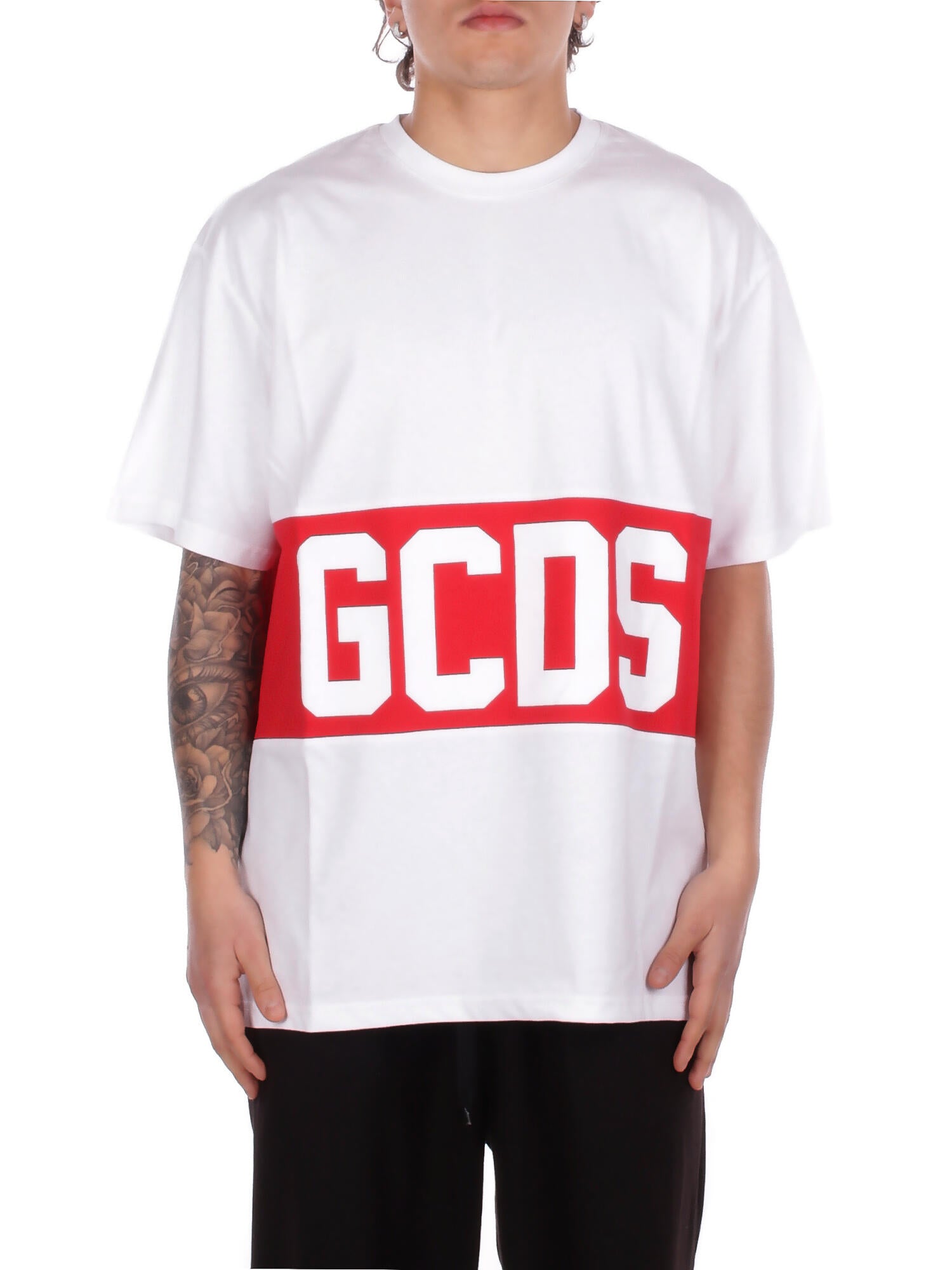 GCDS Uomo T-shirt Z0MLQC140J101 100R Band logo loose ss t-shirt White red