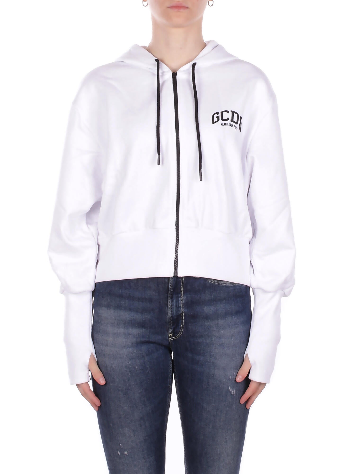 GCDS Donna Felpa C1WEQE122F004 100B Logo lounge hoodie zip White black