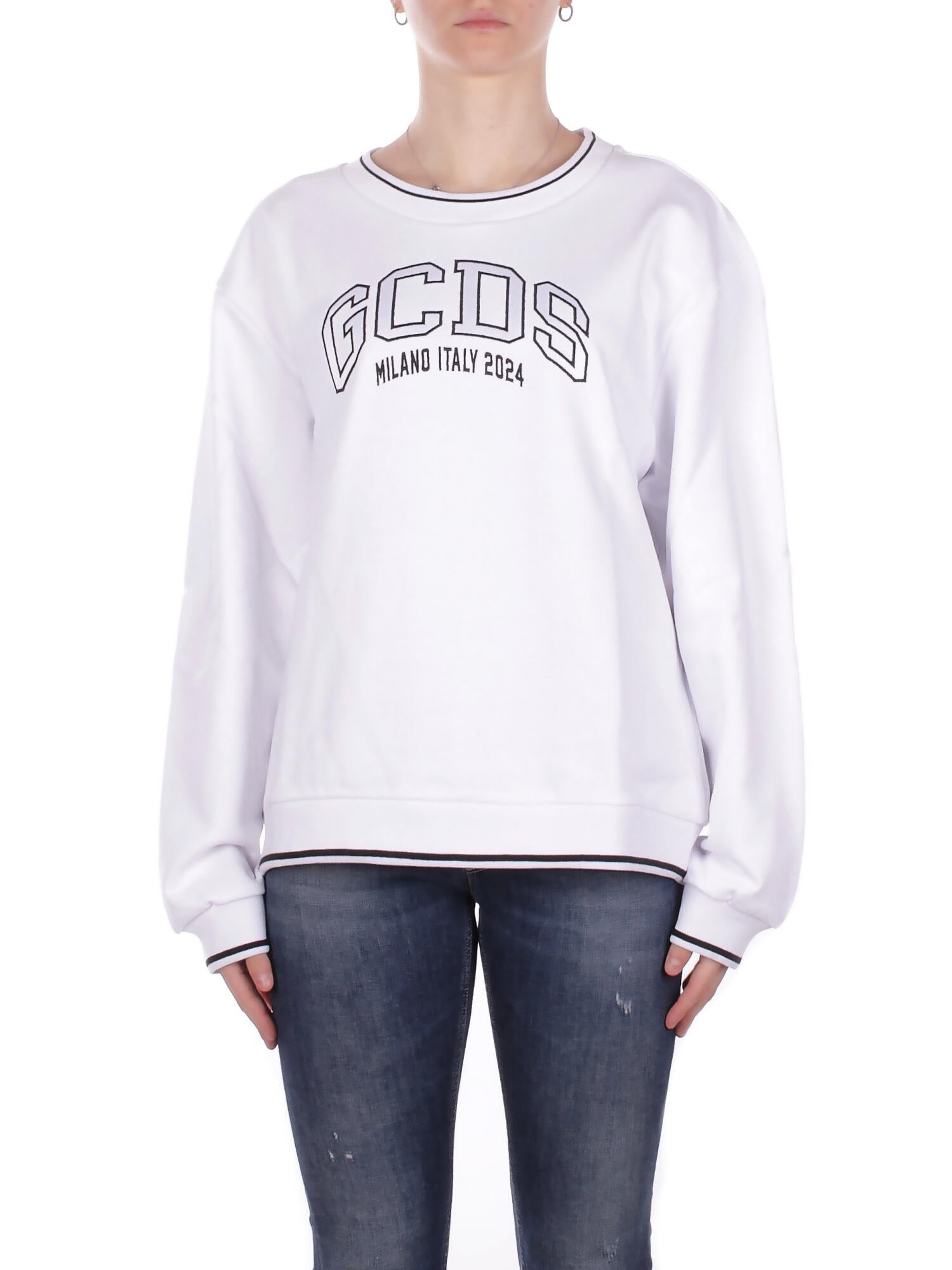 GCDS Donna Maglia C1WEQE123F004 100B Logo louge crop crew White black