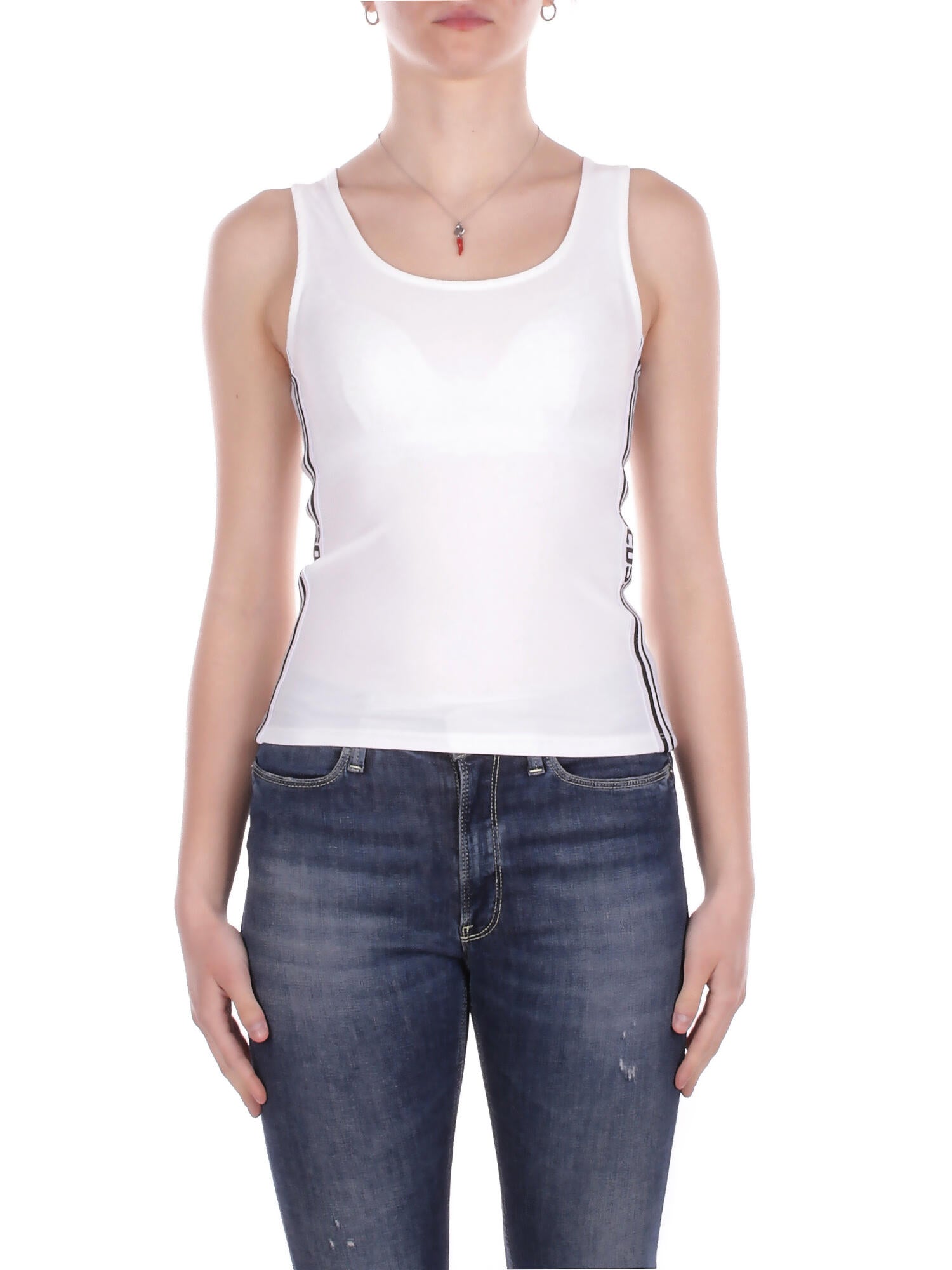 GCDS Donna Canotta C1WEQC056J012 100B Logo stripes tank White black