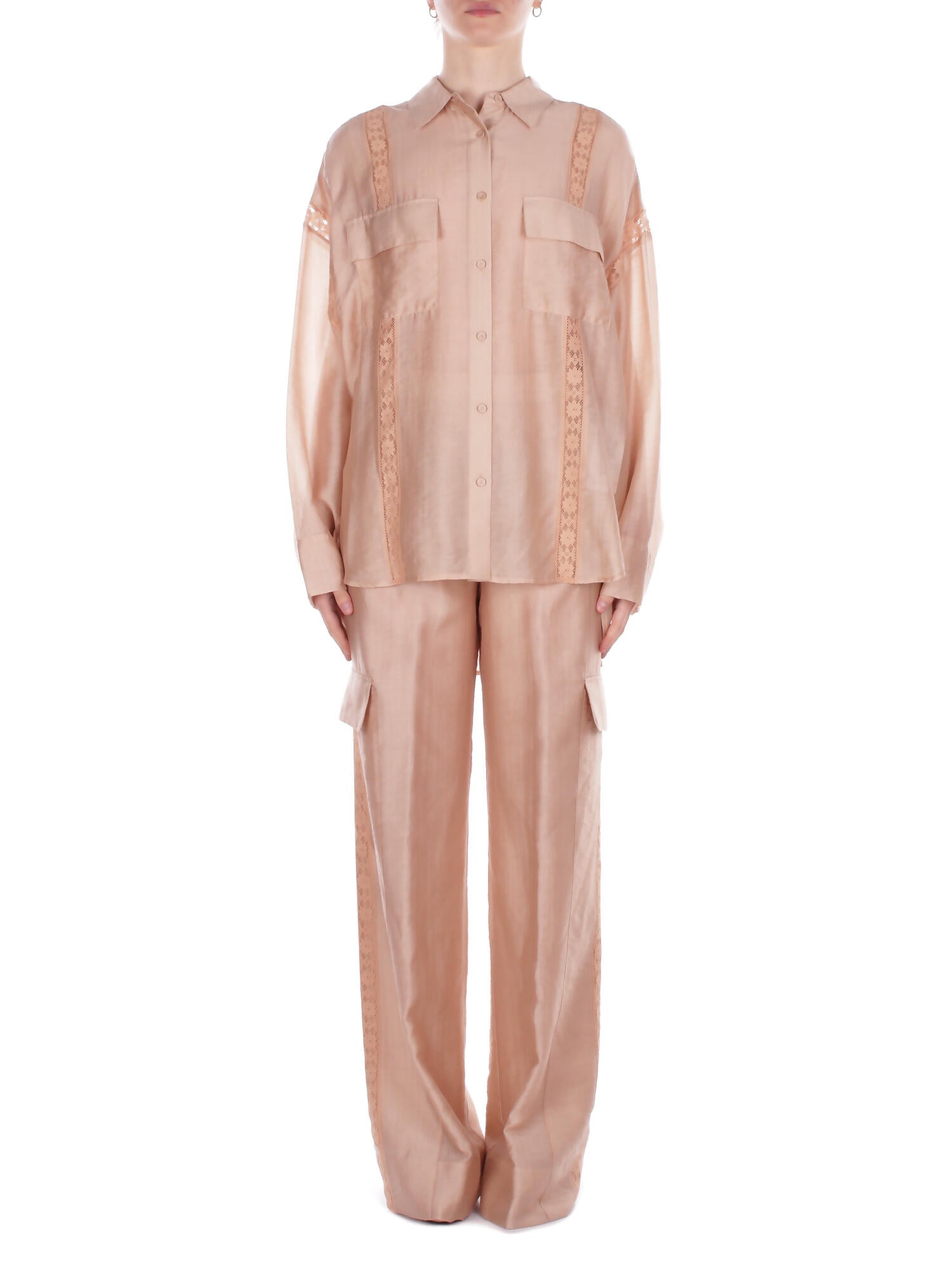 BLUGIRL BLUMARINE Donna Pantalone RA6061T486A 61212 Pant.wide leg lyocell c/pizzo Beige