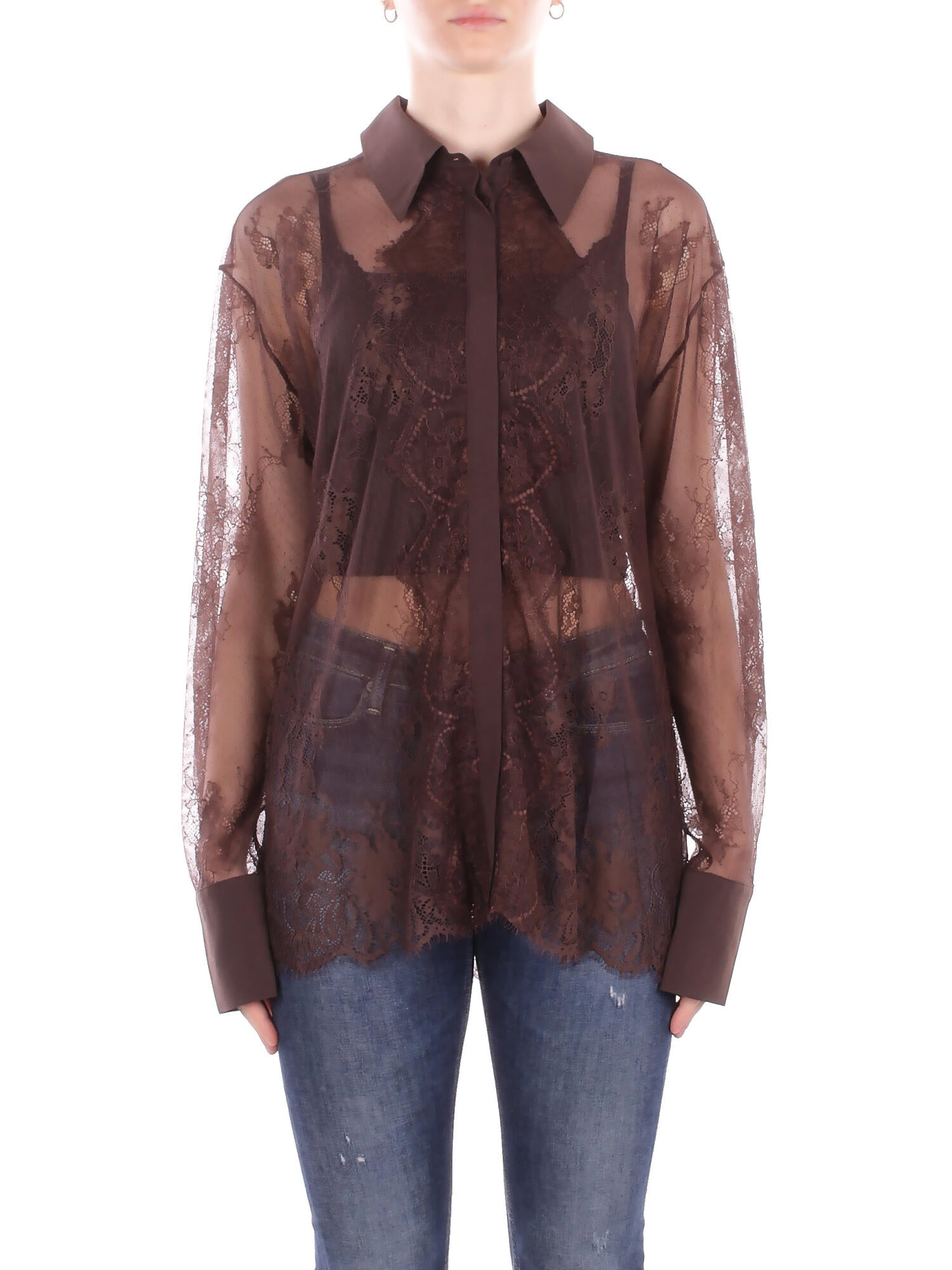 BLUGIRL BLUMARINE Donna Camicia RA6155J3901 90913 Camicia reg m/l pizzo fondente Brown