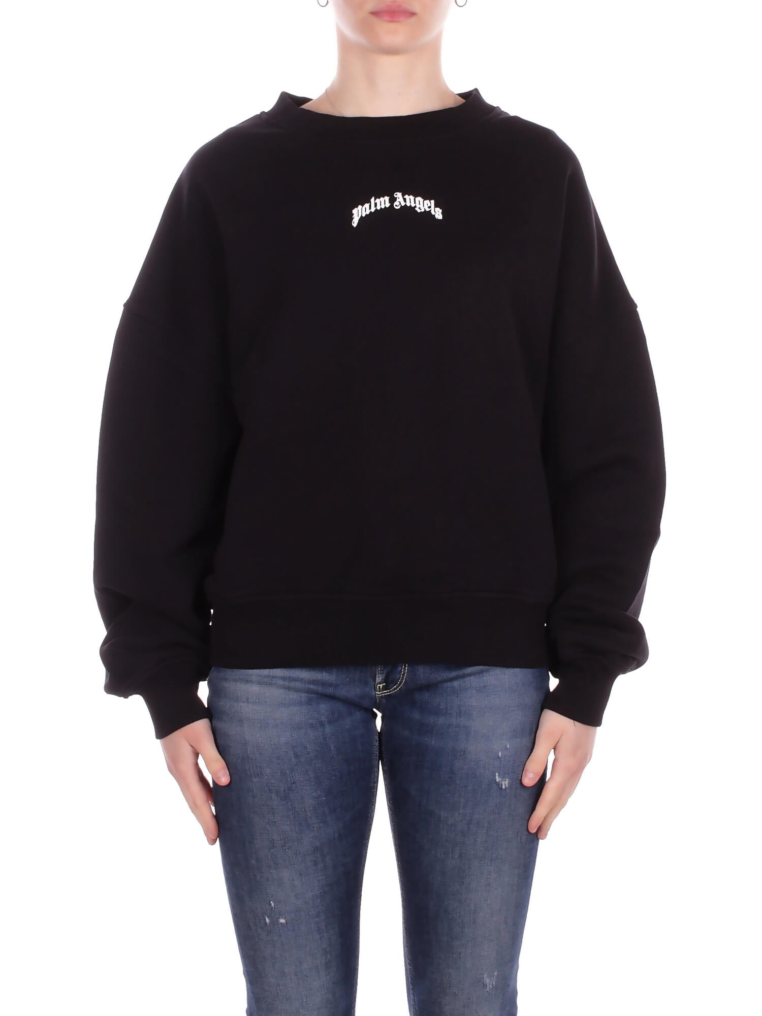 PALM ANGELS Unisex Felpa PMBA08JS26FLE004 1003 Back curved logo loose crew Black white