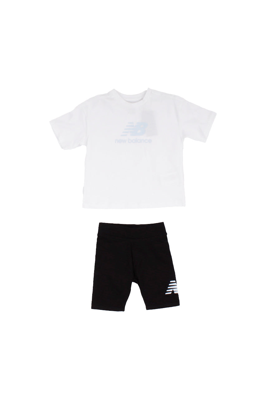 NEW BALANCE Unisex Junior Completo LAKG0076 BWE Stacked logo tee a nd cycle sh Bright white