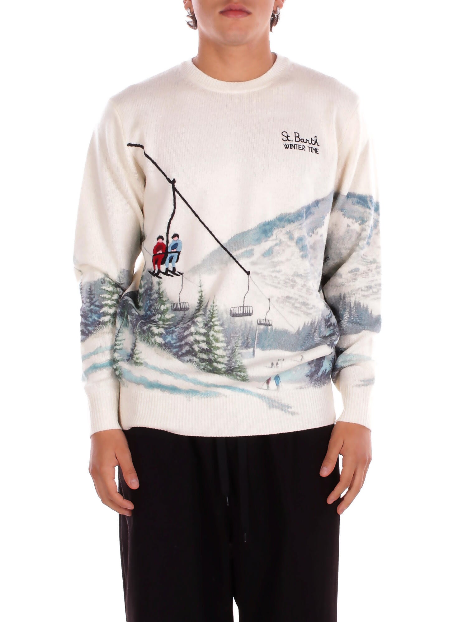 MC2 SAINT BARTH Uomo Maglia HER0022 00390I 10 Heron print snowcable skiers Panna