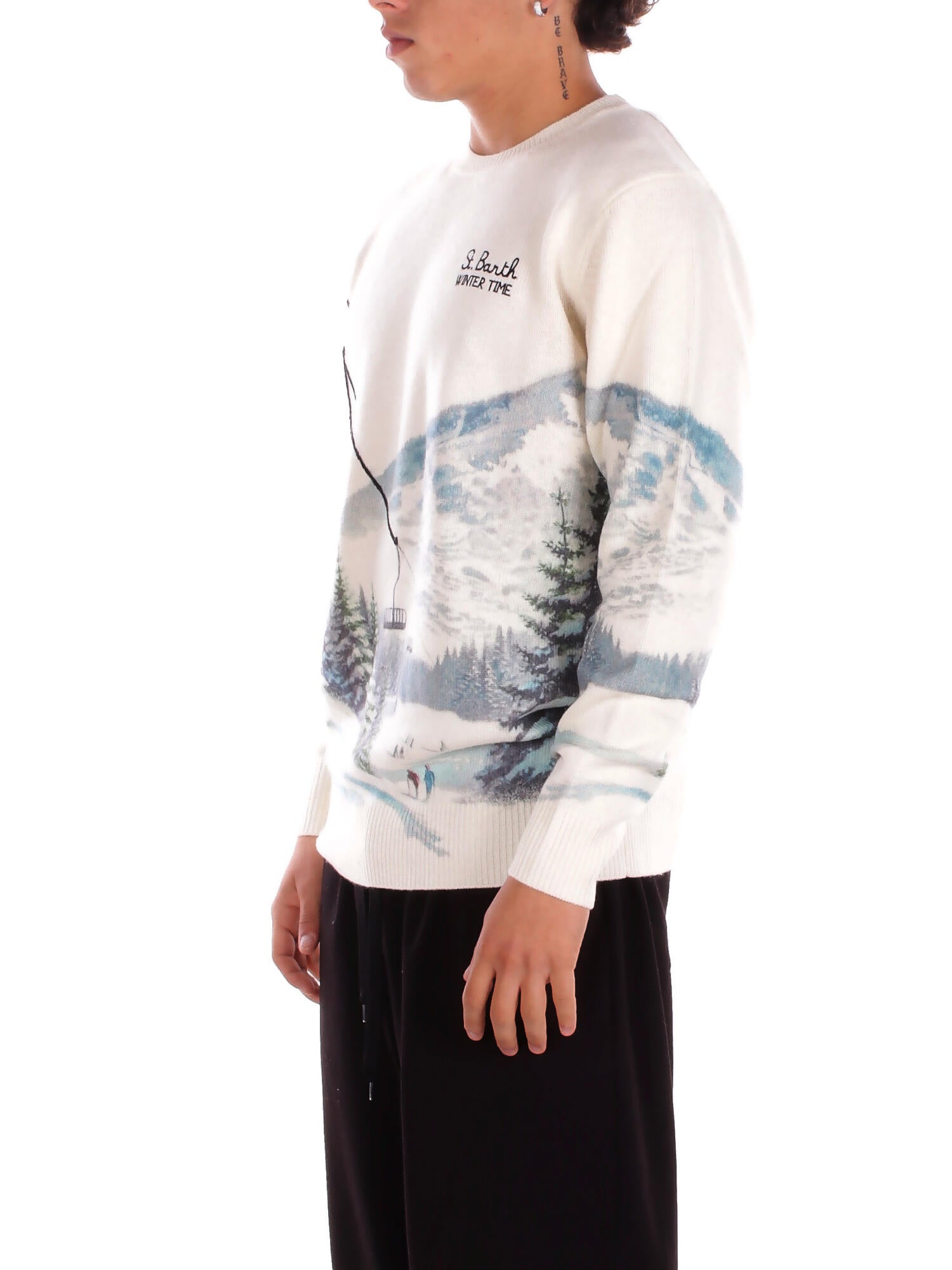 MC2 SAINT BARTH Uomo Maglia HER0022 00390I 10 Heron print snowcable skiers Panna