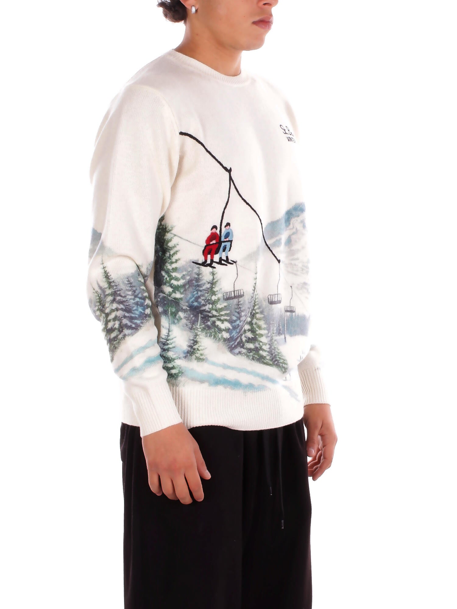 MC2 SAINT BARTH Uomo Maglia HER0022 00390I 10 Heron print snowcable skiers Panna