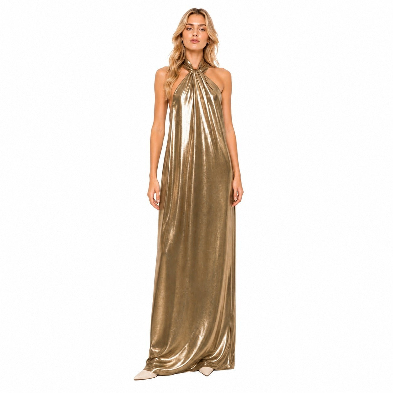 Ralph Lauren Donna Abito 253P13985 500 in Chiffon Metallico Setoso - Oro Chiaro