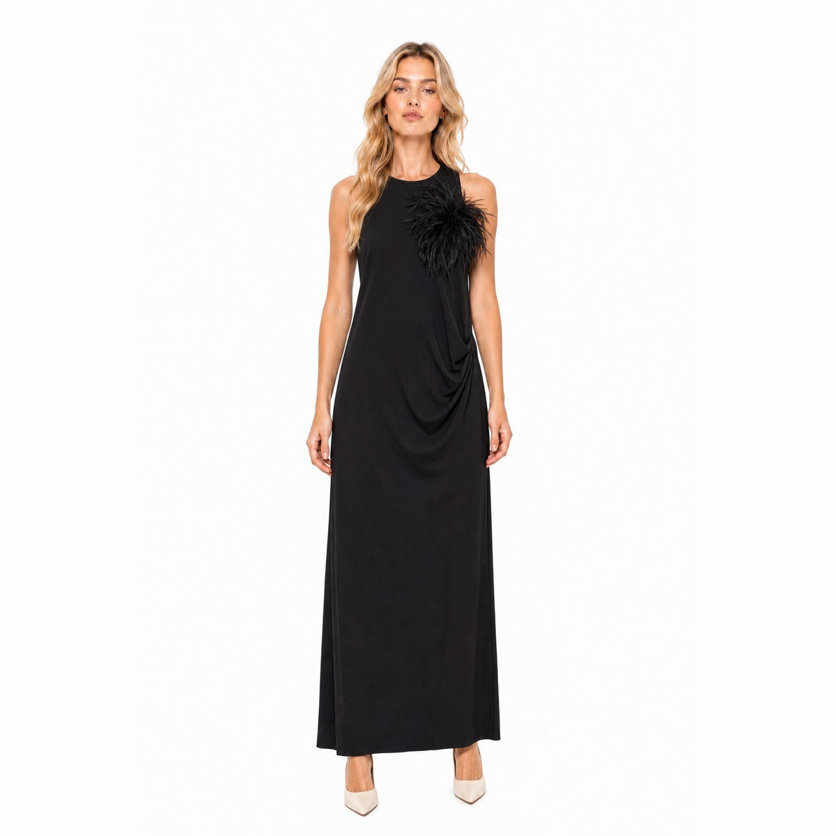 Abito Donna Nero con Spilla Piuma - MANILA GRACE A197VU ME001