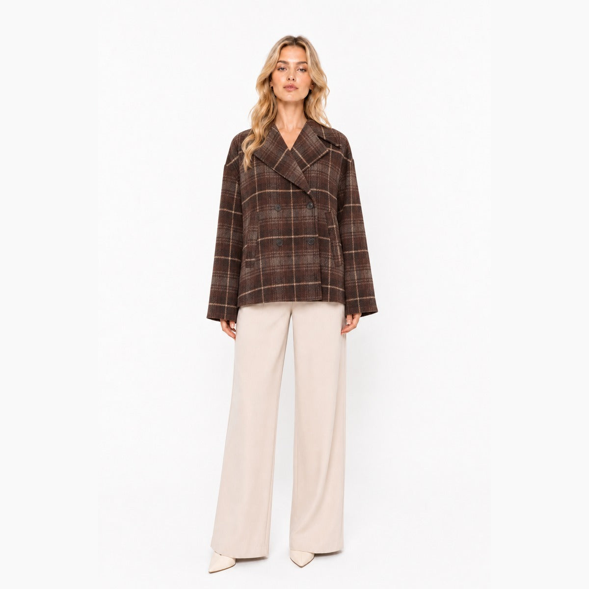 Cappotto Donna MANILA GRACE K167AQ ME009 in Stile Caban Check Marrone